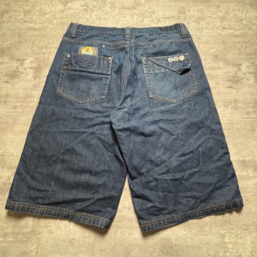 Miskeen Jean Shorts Size 38 Blue Embroidered Baggy Y2K Hip Hop Skater Denim